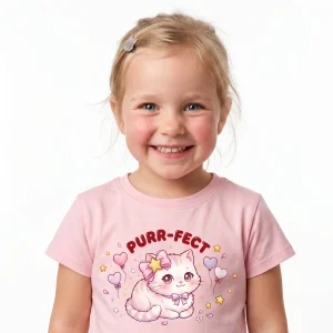 Koszulka dziecięca kotek PURR-FECT — kawaii nadruk DTF, polska marka IDK W&A